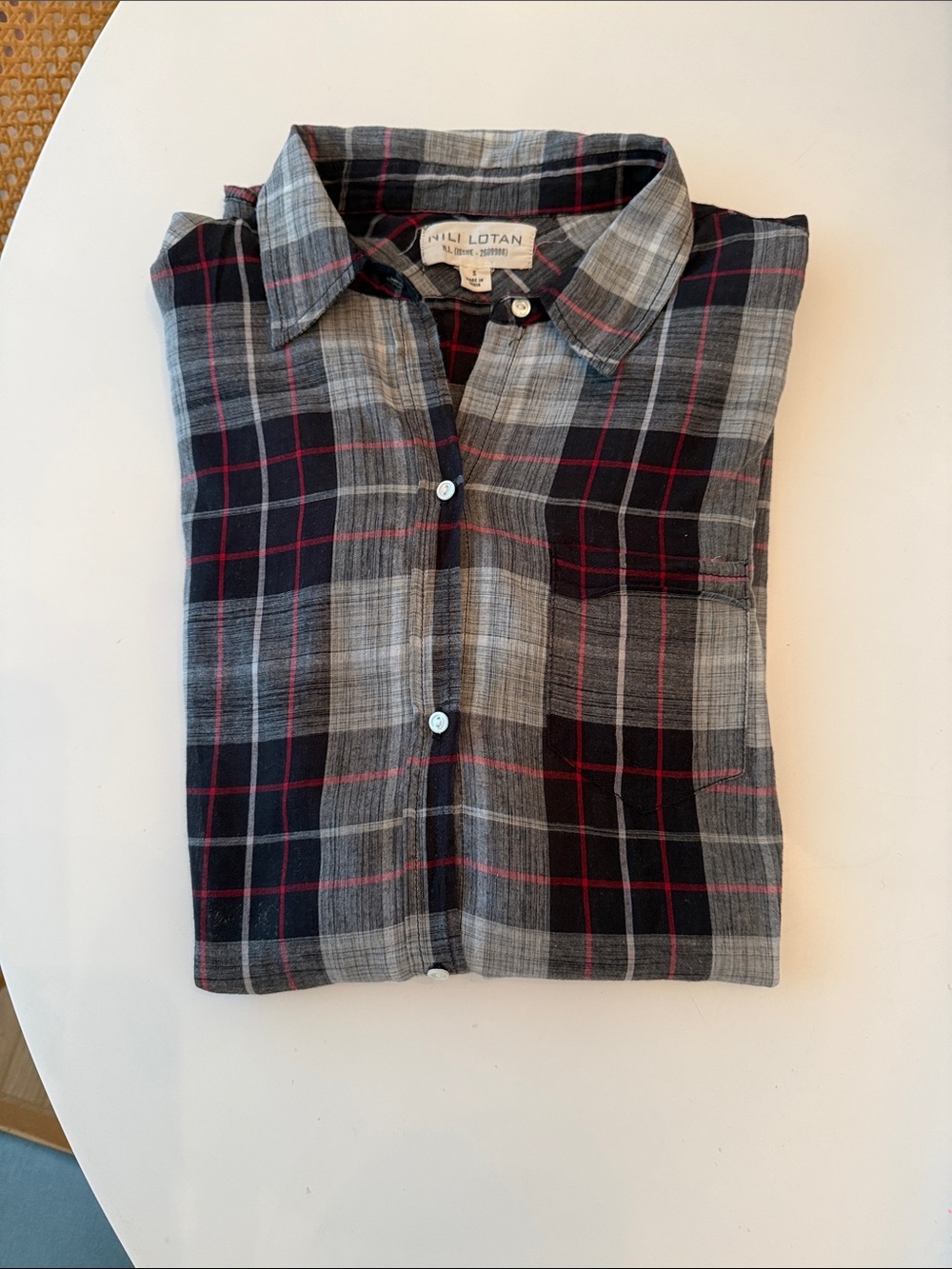 Nili Lotan Gray and Black Plaid Button-Down with Red Accents NWOT.